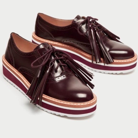 Zara Shoes - Zara Burgundy Platform Tassel Brogue Loafers | 8